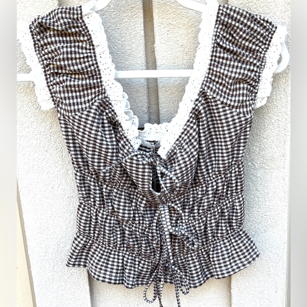 Zara Brown Gingham Blouse with Lace Trim
